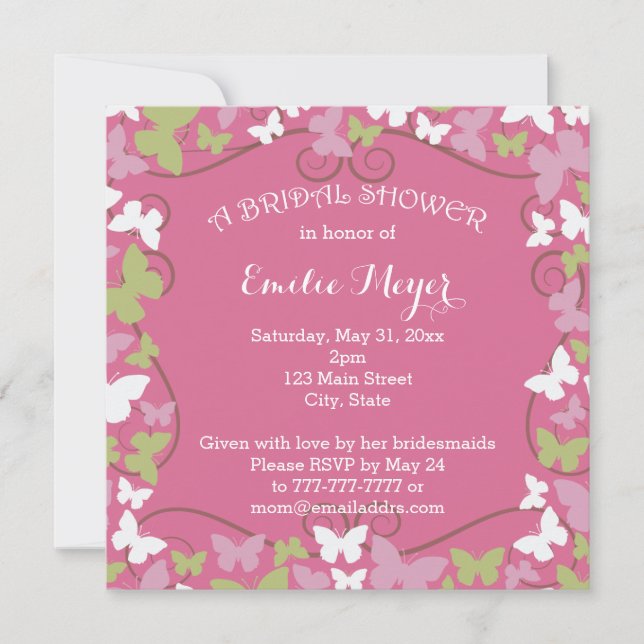 Pink Green Butterflies Bridal Shower Invitation (Front)
