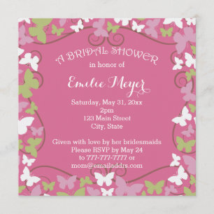 Pink Green Butterflies Bridal Shower Invitation