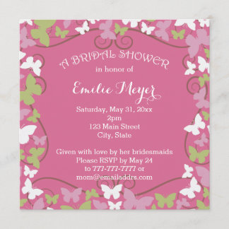 Pink Green Butterflies Bridal Shower Invitation