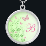 Pink Green Butterfly Floral Monogram Necklace<br><div class="desc">This monogrammed spring green and hot pink floral necklace has pink and green SIMULATED glitter butterflies and flowery vines on it, along with a template box to personalise with your monogram. It matches the wedding invitation shown below and would make a lovely bridesmaid's gift, maid of honour gift, and flower...</div>