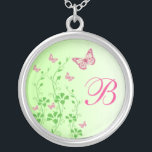 Pink Green Butterfly Floral Monogram Necklace<br><div class="desc">This monogrammed spring green and hot pink floral necklace has pink and green SIMULATED glitter butterflies and flowery vines on it, along with a template box to personalise with your monogram. It matches the wedding invitation shown below and would make a lovely bridesmaid's gift, maid of honour gift, and flower...</div>