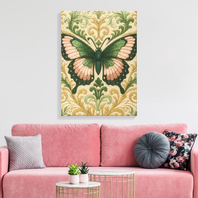 Pink & Green Butterfly Stretched Canvas Print (Insitu(LivingRoom))