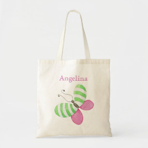 Pink Green Butterfly with Name Tote Bag