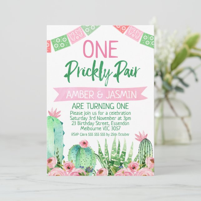 Pink Green Cactus One Prickly Pair Birthday Invitation (Standing Front)