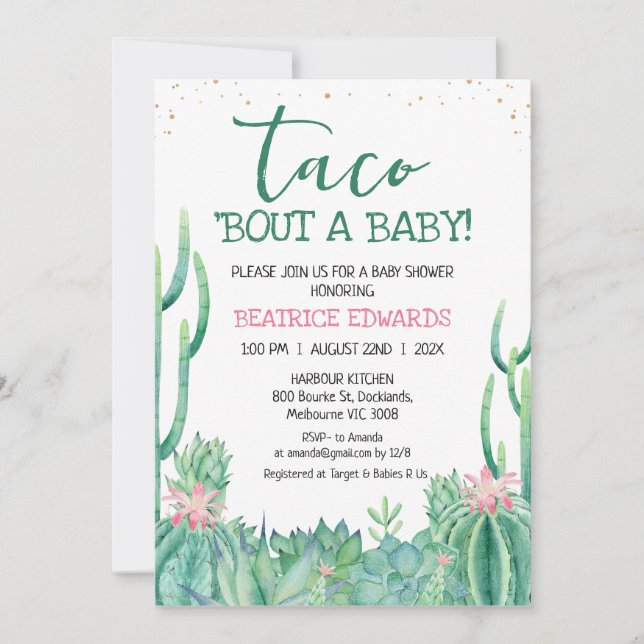 Pink Green Cactus Taco 'Bout A Baby Baby Shower Invitation (Front)
