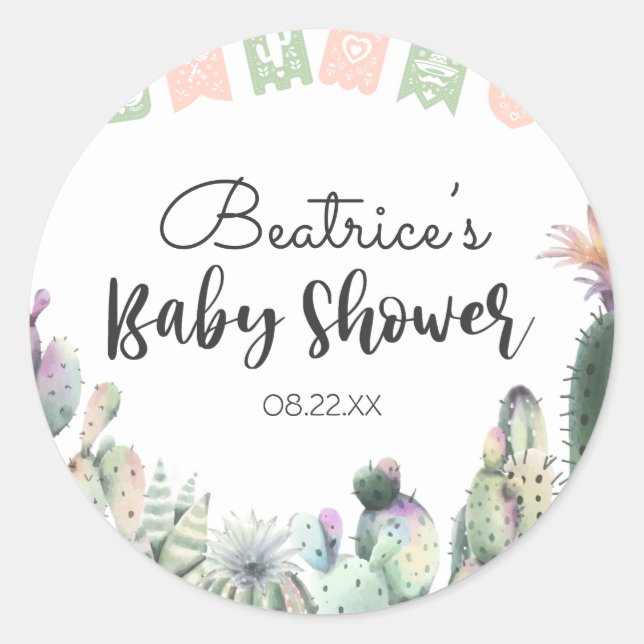 Pink Green Cactus Taco Bout A Baby Shower RSVP Classic Round Sticker (Front)