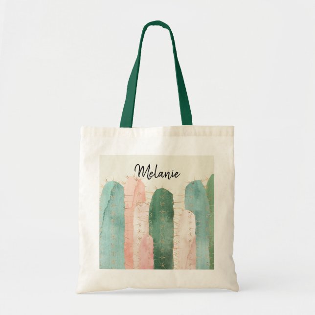 Pink & Green Cactus Watercolor Tote Bag (Front)