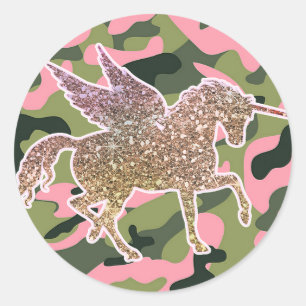 Pink Green Camo Camouflage & Gold Glitter Unicorn Classic Round Sticker