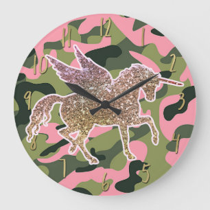 Pink Green Camo Camouflage & Gold Glitter Unicorn Large Clock