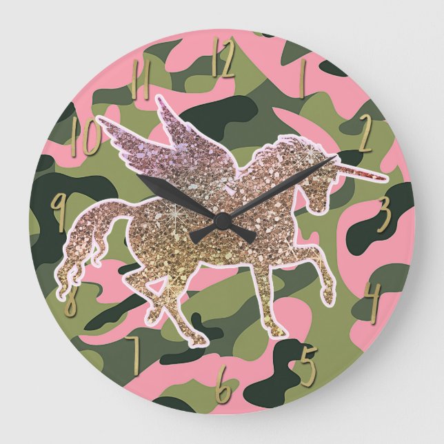 Pink Green Camo Camouflage & Gold Glitter Unicorn Large Clock (Front)