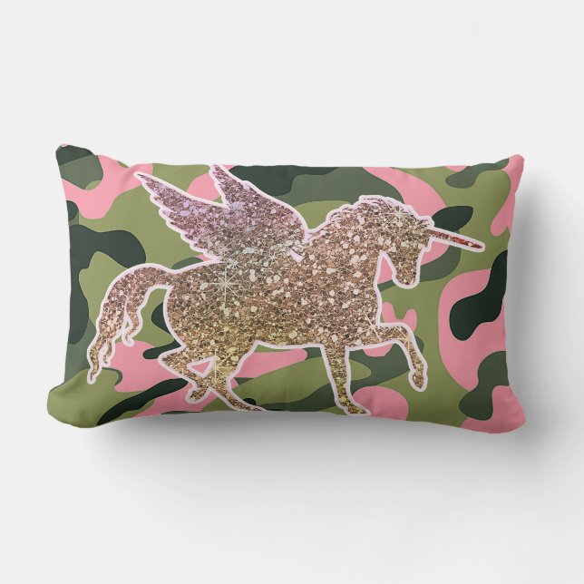 Pink Green Camo Camouflage & Gold Glitter Unicorn Lumbar Cushion (Front)