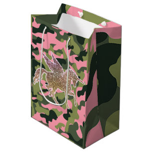 Pink Green Camo Camouflage & Gold Glitter Unicorn Medium Gift Bag