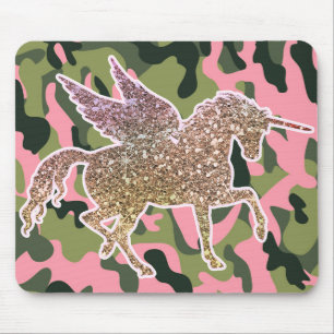 Pink Green Camo Camouflage & Gold Glitter Unicorn Mouse Mat