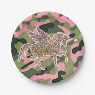 Pink Green Camo Camouflage & Gold Glitter Unicorn Paper Plate