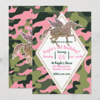 Pink Green Camo Camouflage & Gold Unicorn Party