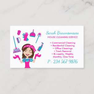 Pink Green Cartoon House Cleaning Service Business Card