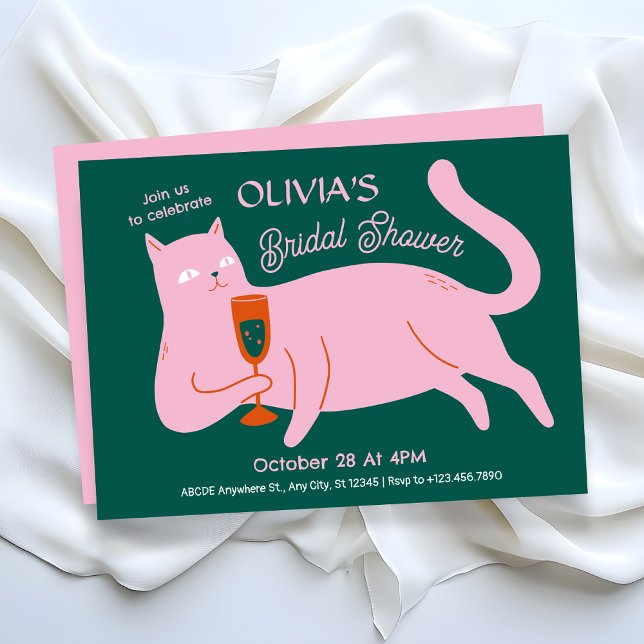 Pink green cat funny bridal shower invitation (Creator Uploaded)