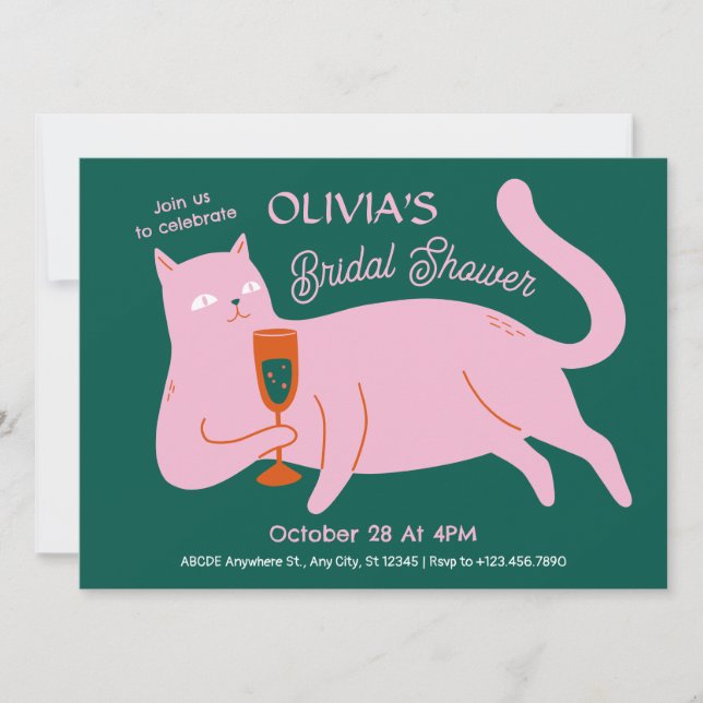Pink green cat funny bridal shower invitation (Front)