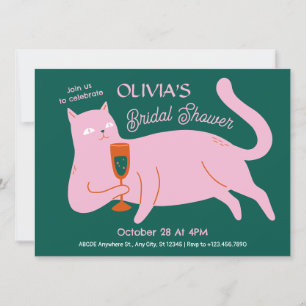 Pink green cat funny bridal shower invitation