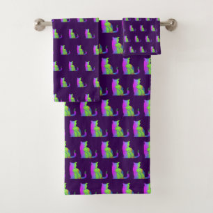 Pink Green Cat Repeat Purple Bath Towel Set