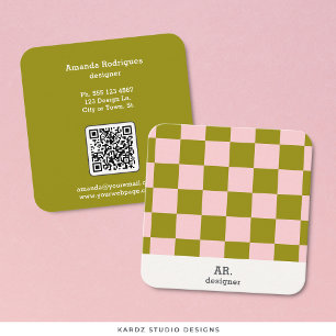Pink Green Checkered Designer Square Business Card
