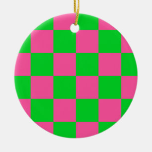 Pink Green Chequered Check Pattern Ceramic Tree Decoration