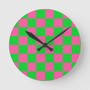 Pink Green Chequered Check Pattern Round Clock