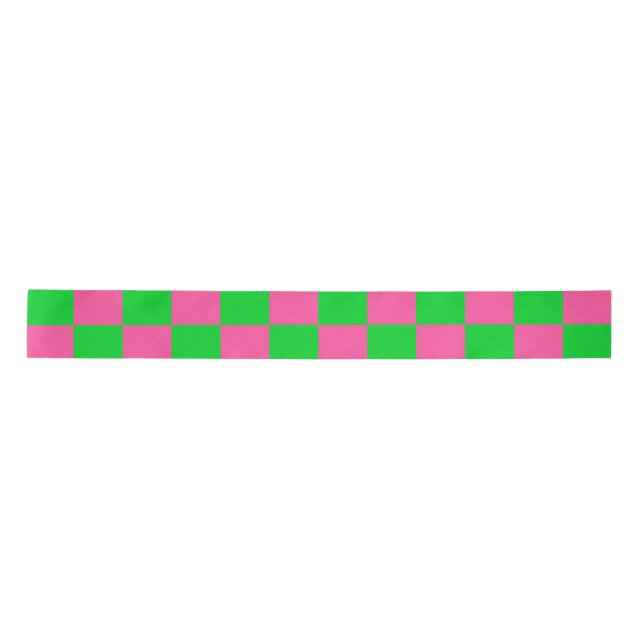 Pink Green Chequered Check Pattern Satin Ribbon (Front)