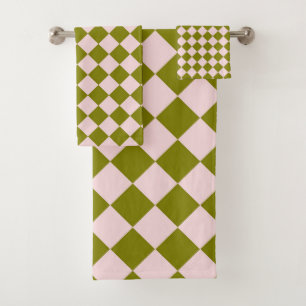 Pink Green Chequered Diamond Pattern Bath Towel Set