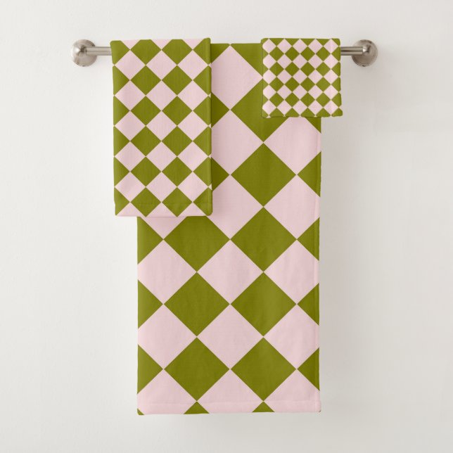 Pink Green Chequered Diamond Pattern  Bath Towel Set (Insitu)