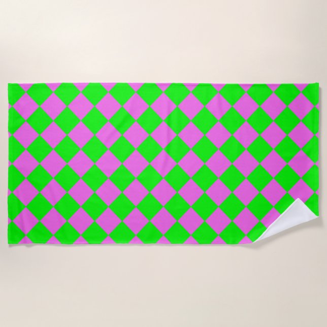 Pink Green Chequered Diamond Pattern  Beach Towel (Front)