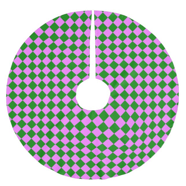 Pink Green Chequered Diamond Pattern Brushed Polyester Tree Skirt (Front)