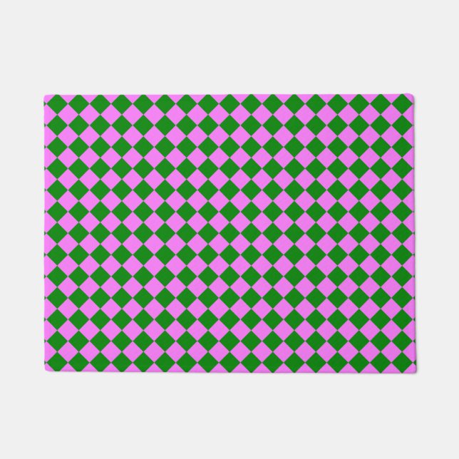 Pink Green Chequered Diamond Pattern Doormat (Front)