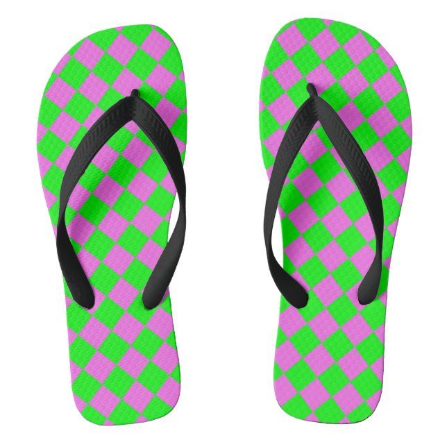Pink Green Chequered Diamond Pattern  Flip Flops (Footbed)
