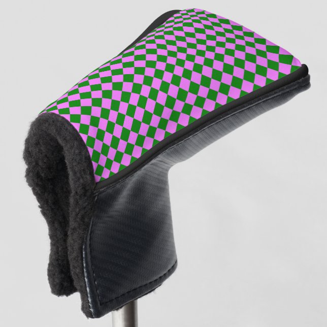 Pink Green Chequered Diamond Pattern Golf Head Cover (3/4 Front)