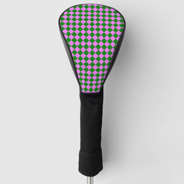 Pink Green Chequered Diamond Pattern Golf Head Cover (Front)