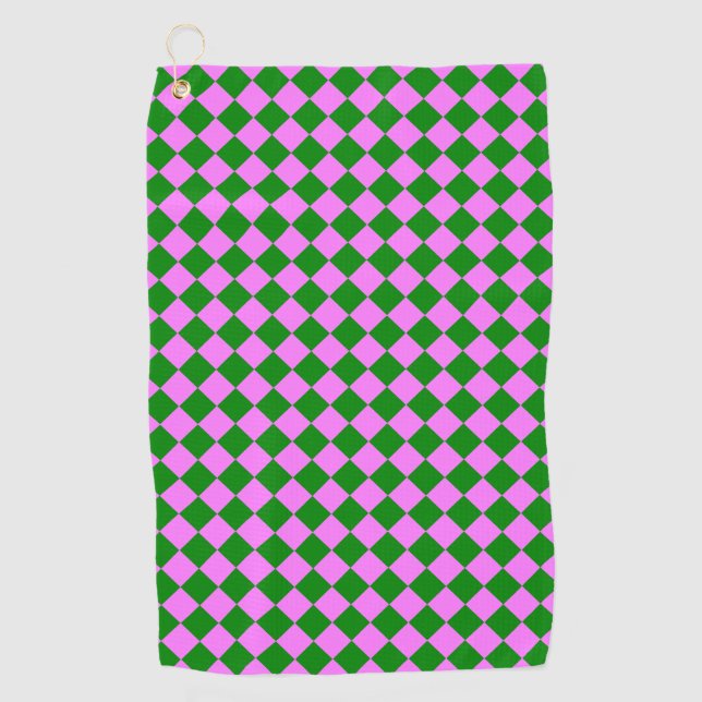 Pink Green Chequered Diamond Pattern Golf Towel (Front)