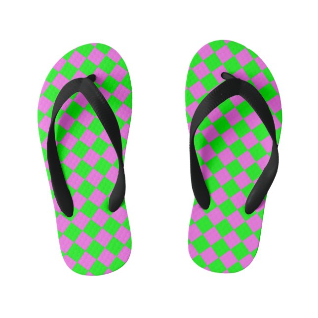 Pink Green Chequered Diamond Pattern  Kid's Flip Flops (Footbed)