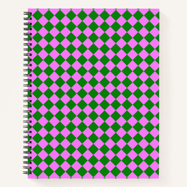 Pink Green Chequered Diamond Pattern Notebook (Front)