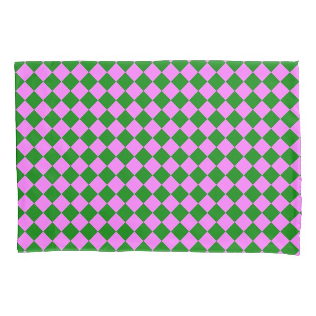 Pink Green Chequered Diamond Pattern Pillowcase (Front)