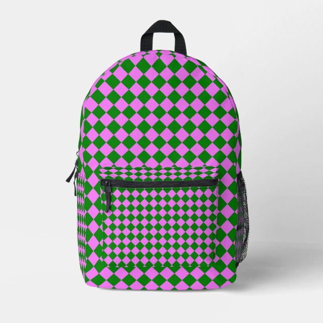 Pink Green Chequered Diamond Pattern Printed Backpack (Front)