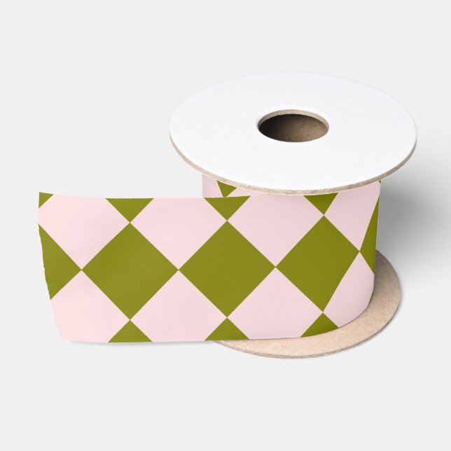 Pink Green Chequered Diamond Pattern Satin Ribbon (Spool)