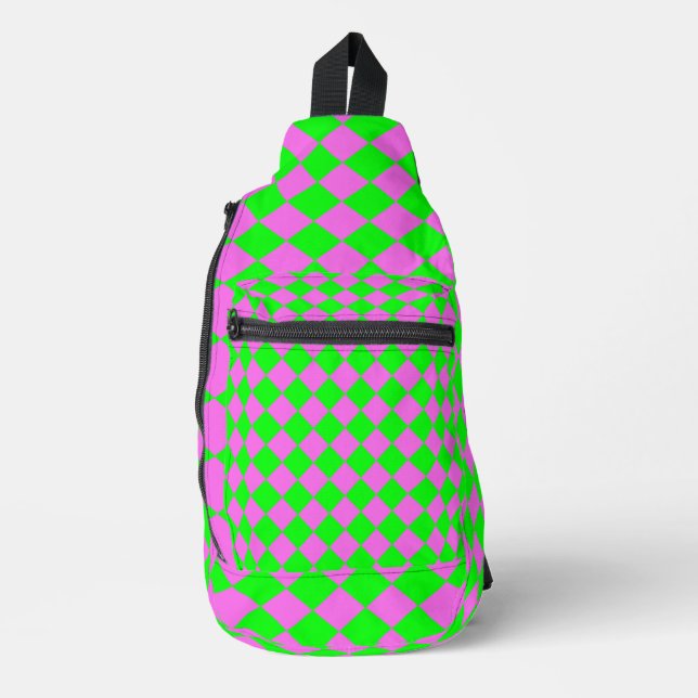 Pink Green Chequered Diamond Pattern Sling Bag (Front)