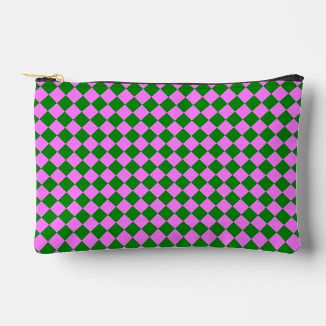 Pink Green Chequered Diamond Pattern Small Accessory Pouch (Front)