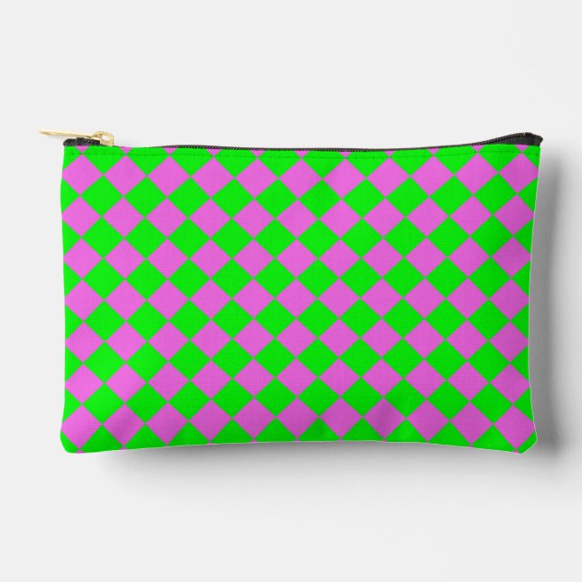 Pink Green Chequered Diamond Pattern Small Accessory Pouch (Front)
