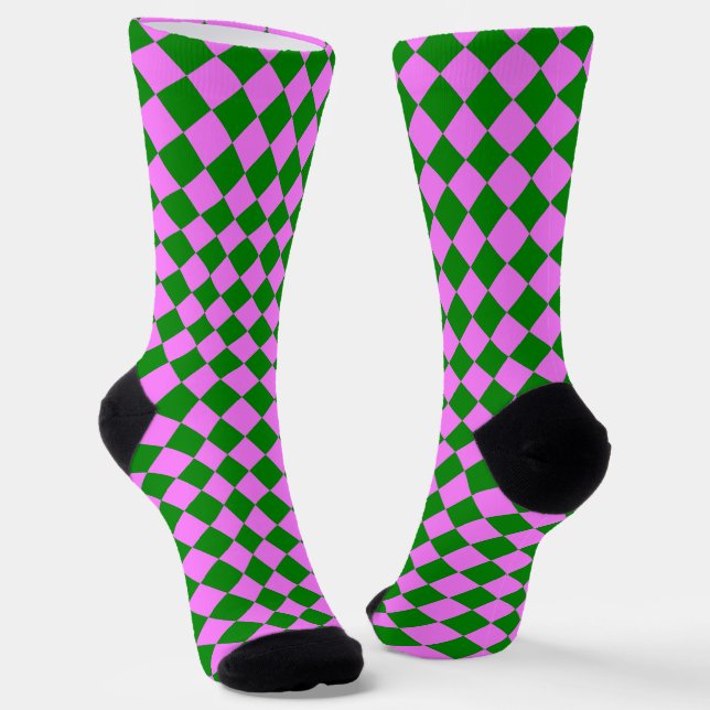 Pink Green Chequered Diamond Pattern Socks (Angled)