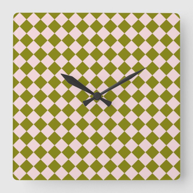 Pink Green Chequered Diamond Pattern Square Wall Clock (Front)
