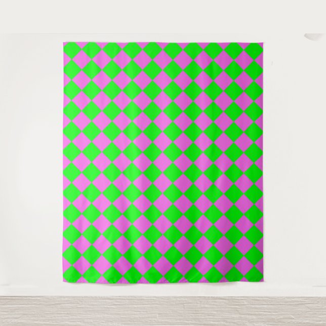 Pink Green Chequered Diamond Pattern  Tapestry (Front)
