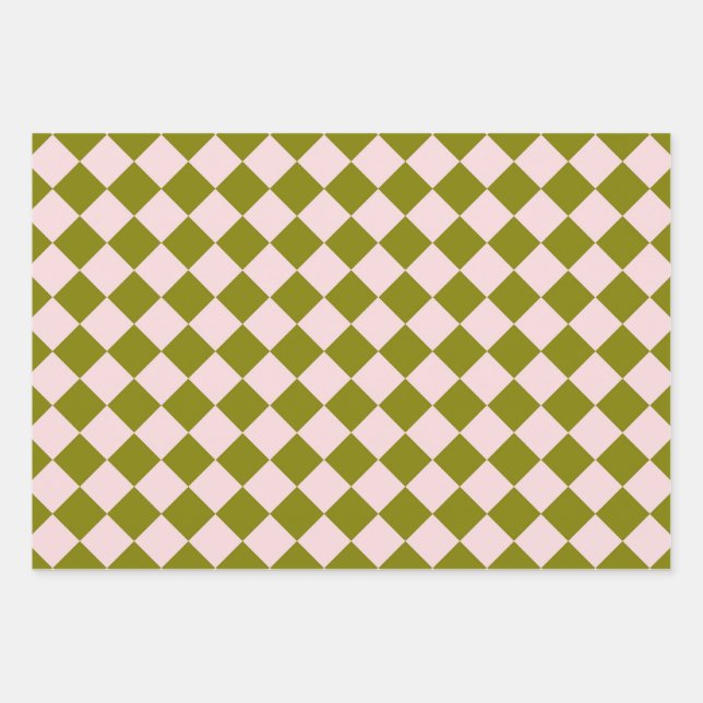 Pink Green Chequered Diamond Pattern Wrapping Paper Sheet (Front)