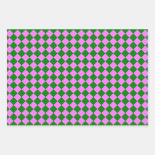 Pink Green Chequered Diamond Pattern Wrapping Paper Sheet